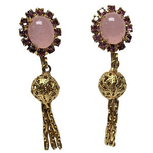Vtg Pink Cabochon Purple Rhinestone Halo Clip On Earrings Gold Tassel Filigree
